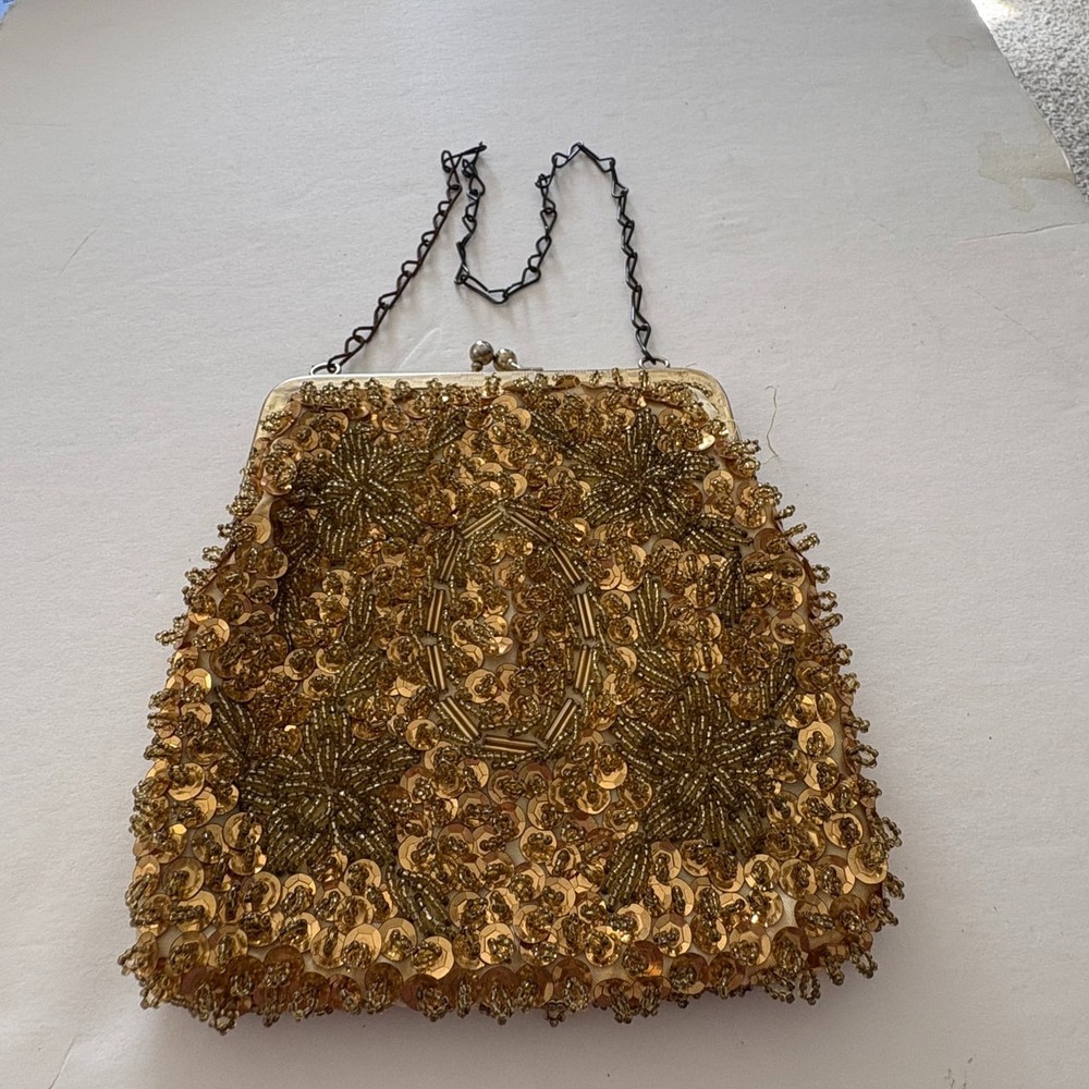 Walborg Beaded Evening Bag Purse Handmade Clutch Chain Made In Hong Kong Gold